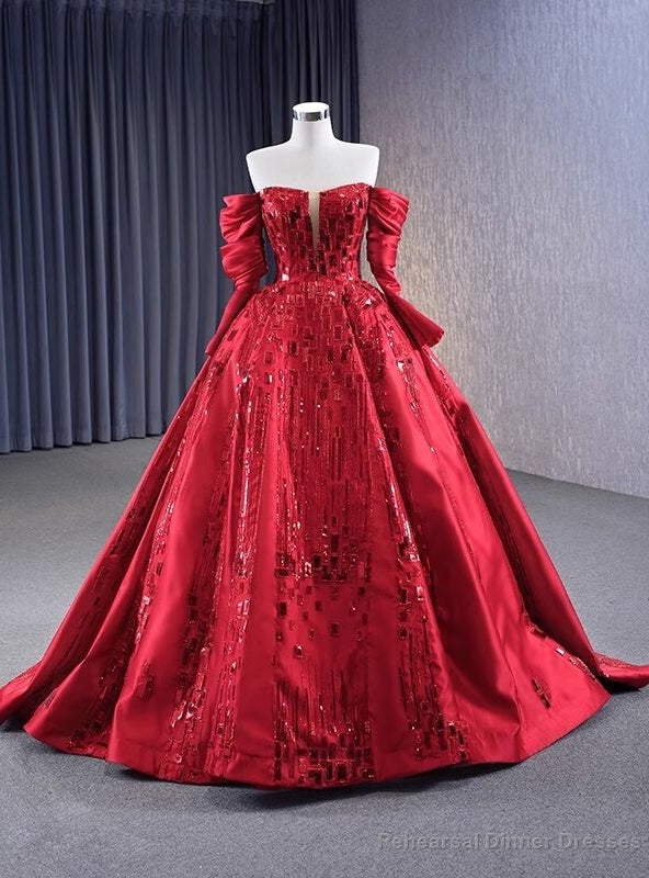 Red Long Sleeve Satin Sequins Prom Dress Main image