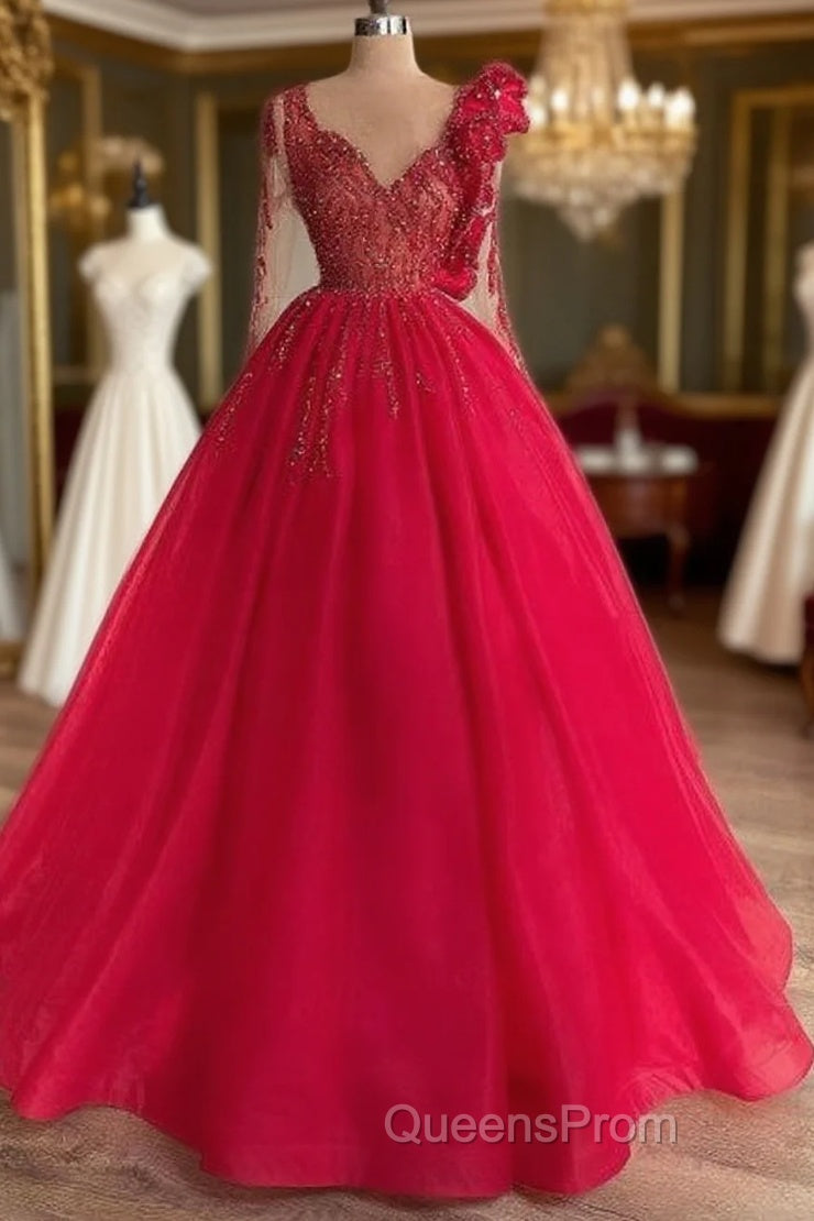 Red Long Sleeve V Neck Beading Flower Tulle Evening Prom Formal Dress Main image