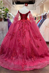 Red Long Sleeves 3D Flowers Quinceanera Dress Appliqued