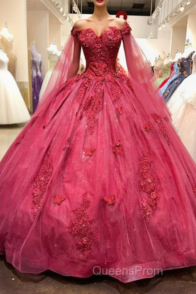 Red Long Sleeves 3D Flowers Quinceanera Dress Appliqued