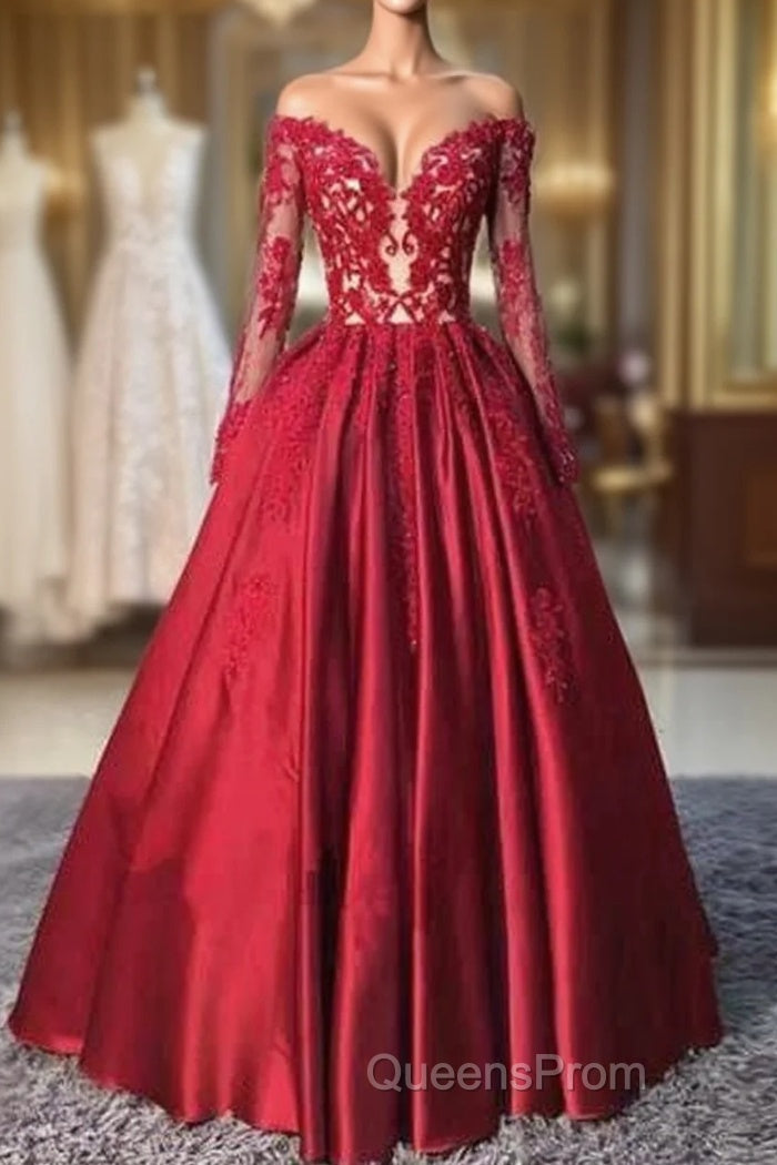Red Long Sleeves Lace Long Evening Prom Dress, Red Evening Dress Main image