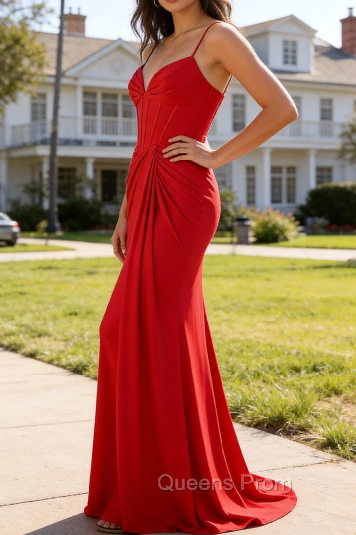 Red Mermaid Corset Spaghetti Straps Ruched Satin Long Prom Dress Secondary image
