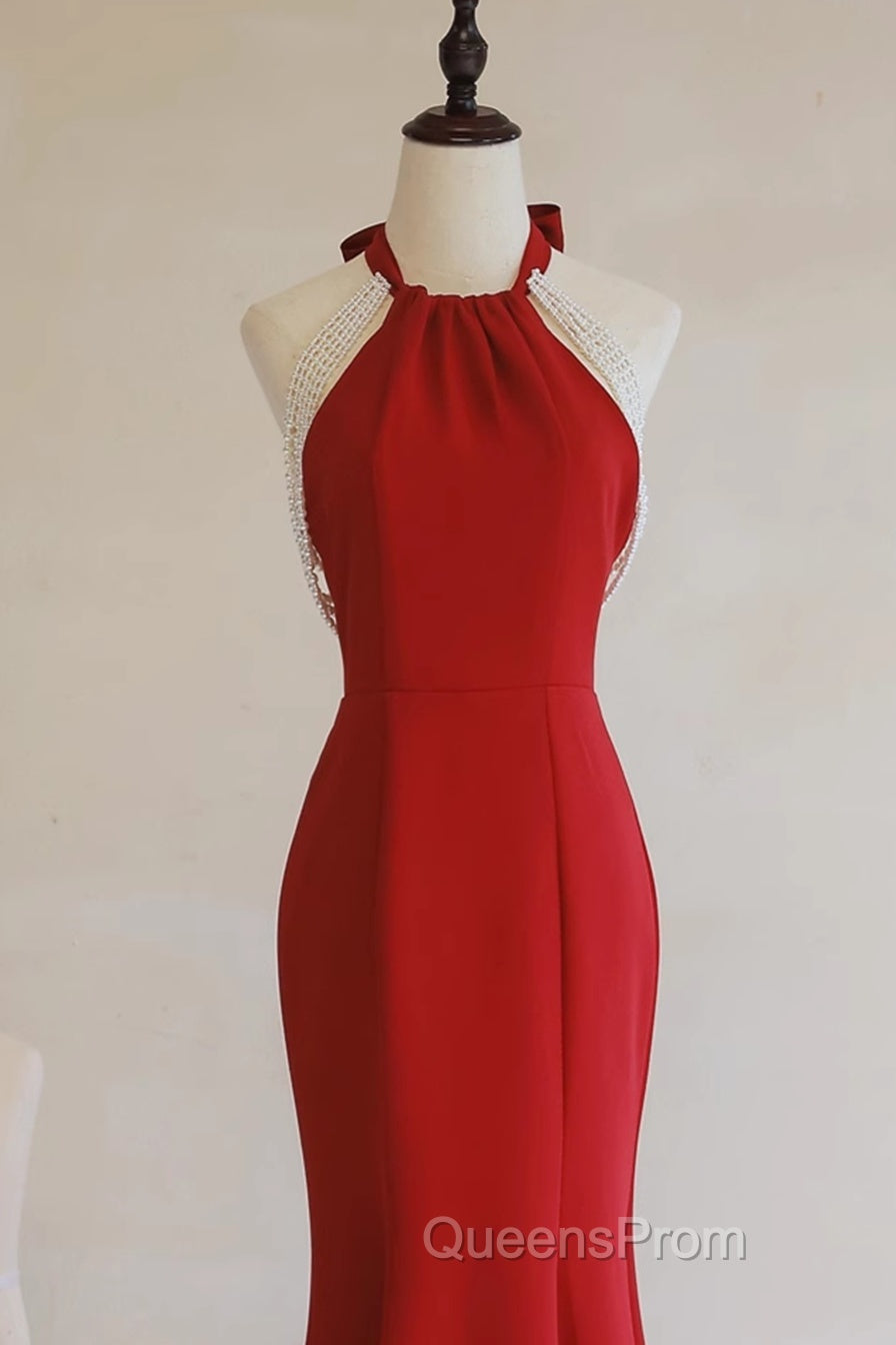 Red Mermaid Halter Long Evening Dress, Red Backless Formal Dress Evening Prom Dress Secondary image