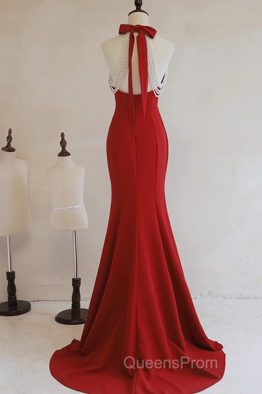Red Mermaid Halter Long Evening Dress, Red Backless Formal Dress Evening Prom Dress