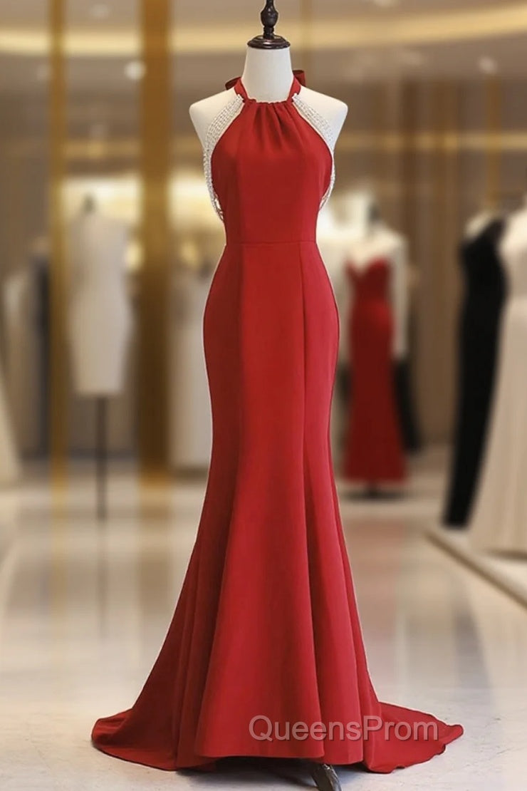 Red Mermaid Halter Long Evening Dress, Red Backless Formal Dress Evening Prom Dress Main image