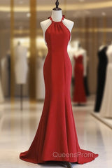 Red Mermaid Halter Long Evening Dress, Red Backless Formal Dress Evening Prom Dress