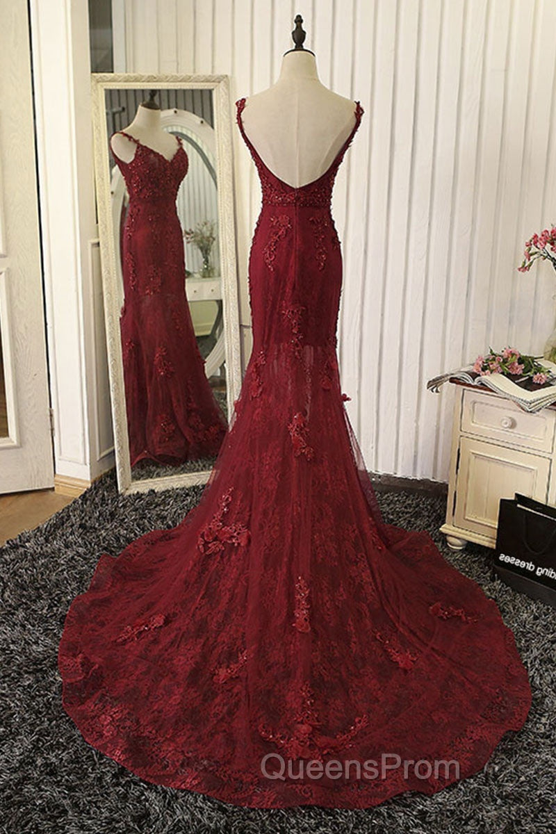 Red Mermaid Lace Long Evening Prom Dress, Lace Mermaid Evening Dress