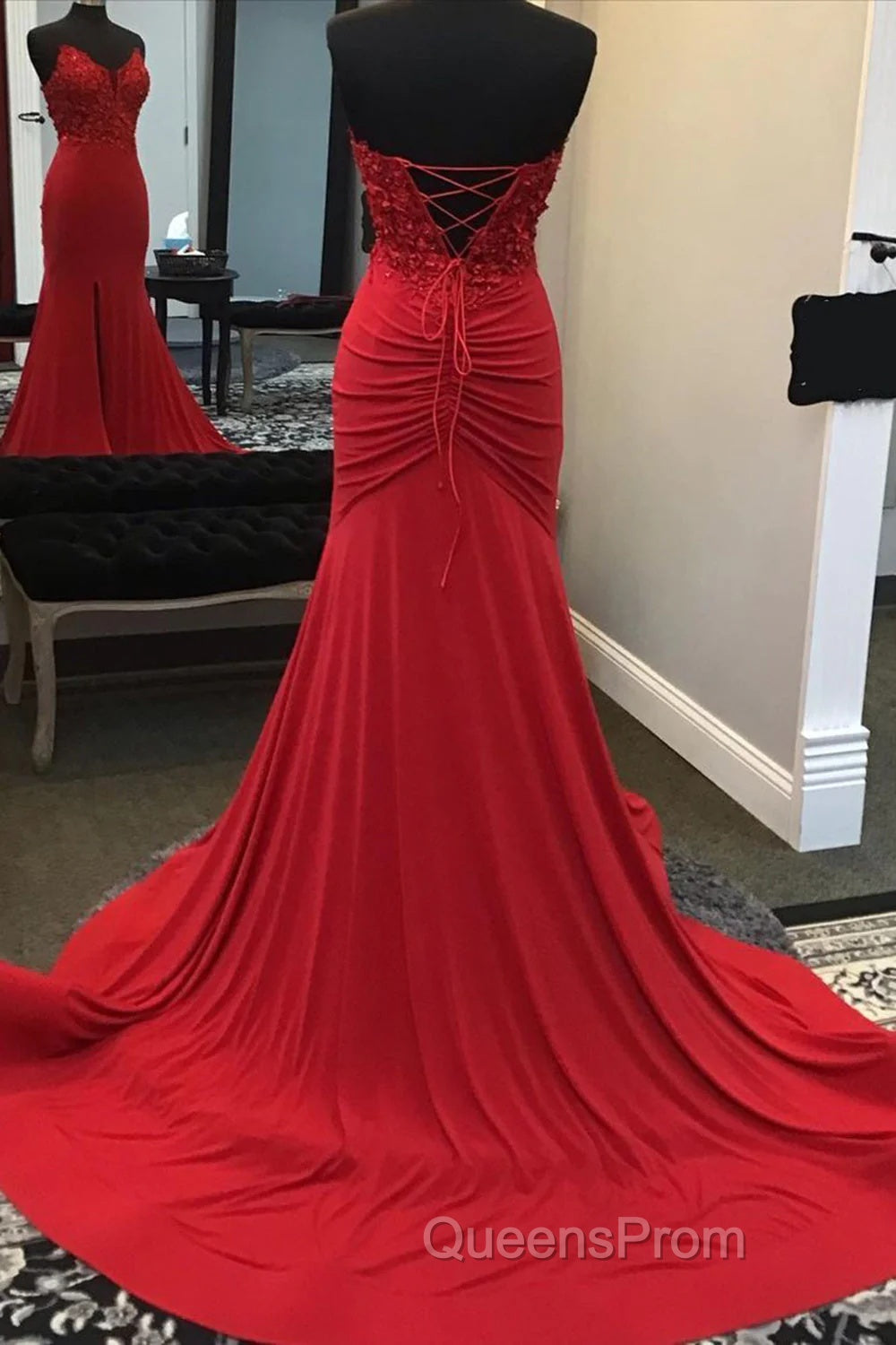 Red Mermaid Llong Evening Prom Dress Appliques Slit Evening Dress