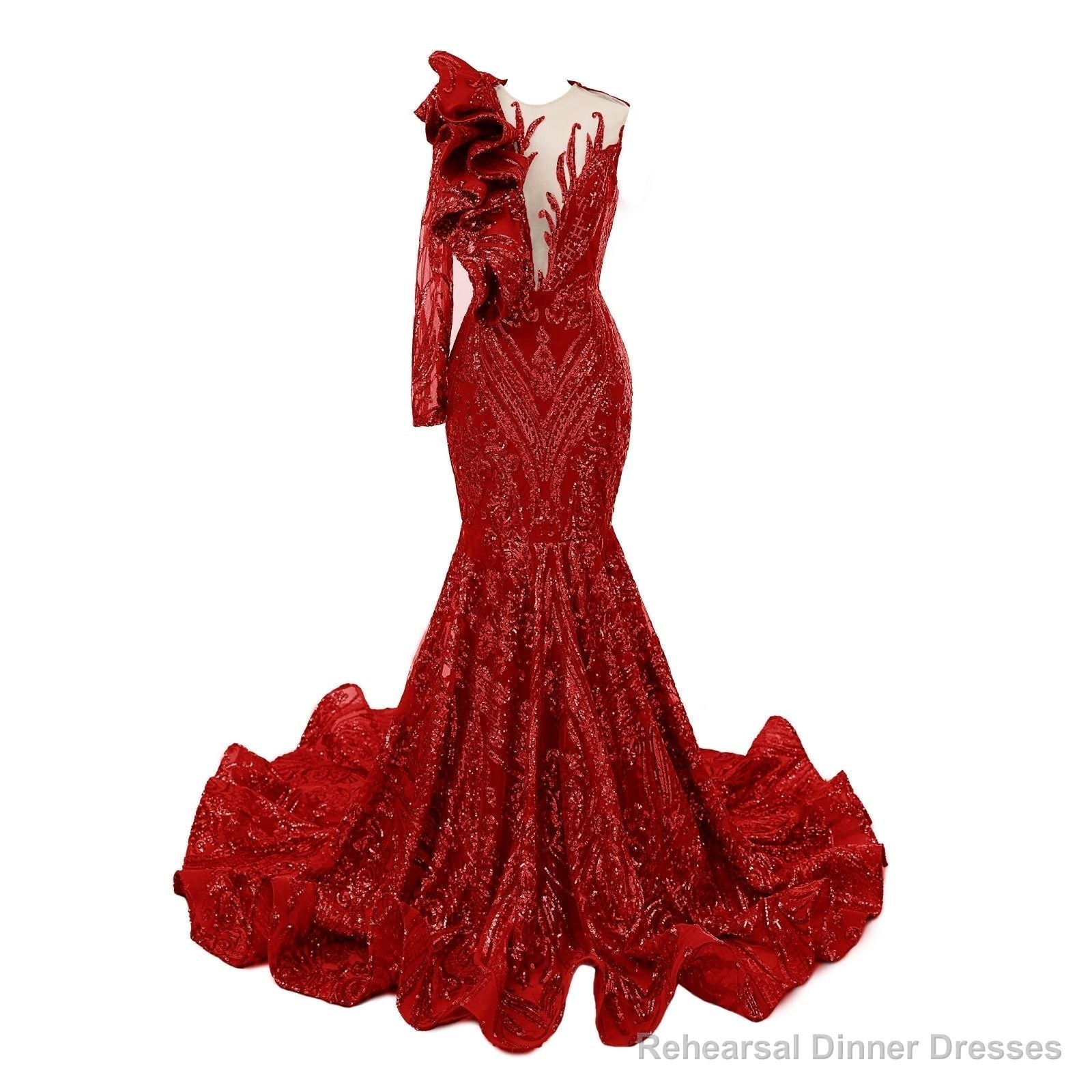 Red Mermaid One Sleeve Prom Dresses Sequined Lace Jewel Ruffles Evening Party Dress with Appliques Secondary image