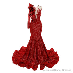 Red Mermaid One Sleeve Prom Dresses Sequined Lace Jewel Ruffles Evening Party Dress with Appliques