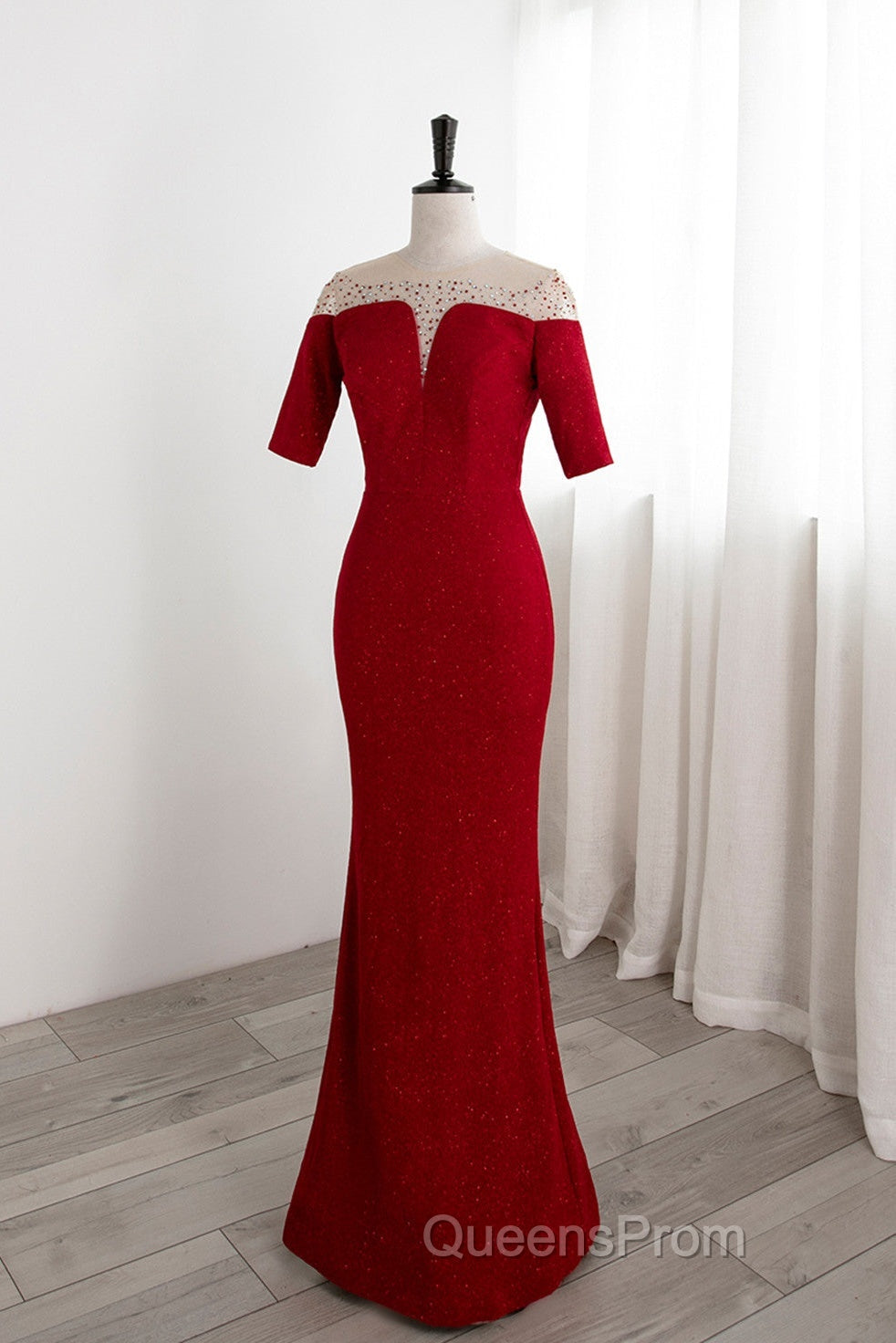 Red Mermaid Round Neckline Short Sleeves Party Dress, Red Evening Gown