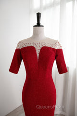 Red Mermaid Round Neckline Short Sleeves Party Dress, Red Evening Gown