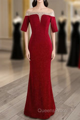 Red Mermaid Round Neckline Short Sleeves Party Dress, Red Evening Gown