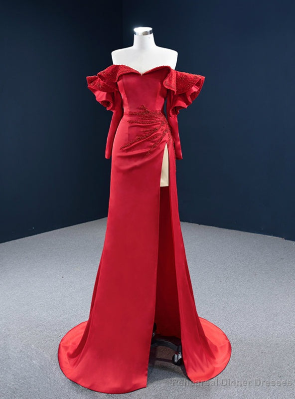 Red Mermaid Satin Off the Shoulder Long Sleeve Beading Prom Dress Main image