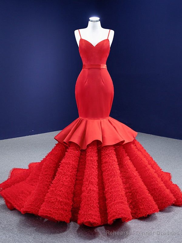 Red Mermaid Satin Tulle Spaghetti Straps Prom Dress Main image