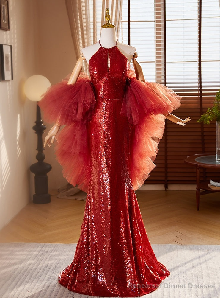 Red Mermaid Sequins Halter Prom Dress Main image