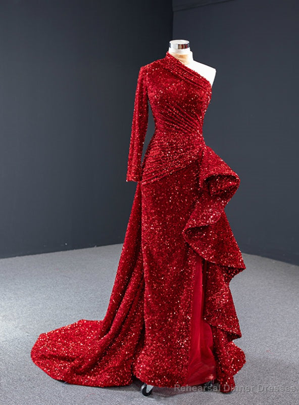Red Mermaid Sequins Long Sleeve Backless High Neck Pleats Prom Dress Main image