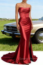 Red Mermaid Strapless Pleated Corset Long Prom Dress with Slit