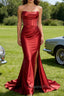 Red Mermaid Strapless Pleated Corset Long Prom Dress with Slit