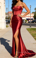 Red Mermaid Strapless Pleated Corset Prom Dress with Slit