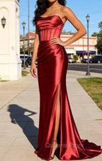 Red Mermaid Strapless Pleated Corset Prom Dress with Slit
