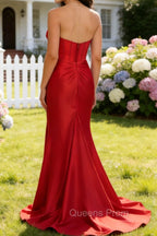 Red Mermaid Strapless Pleated Long Corset Prom Dress with Slit