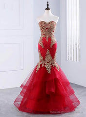 Red Mermaid Tulle Appliques Sweetheart Long Prom Dresses