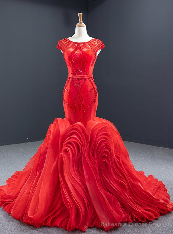 Red Mermaid Tulle Cap Sleeve Beading Sequins Backless Prom Dress Main image