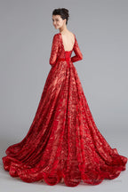A-Line Luxury Sequins Long Sleeve Backless Prom Dresses