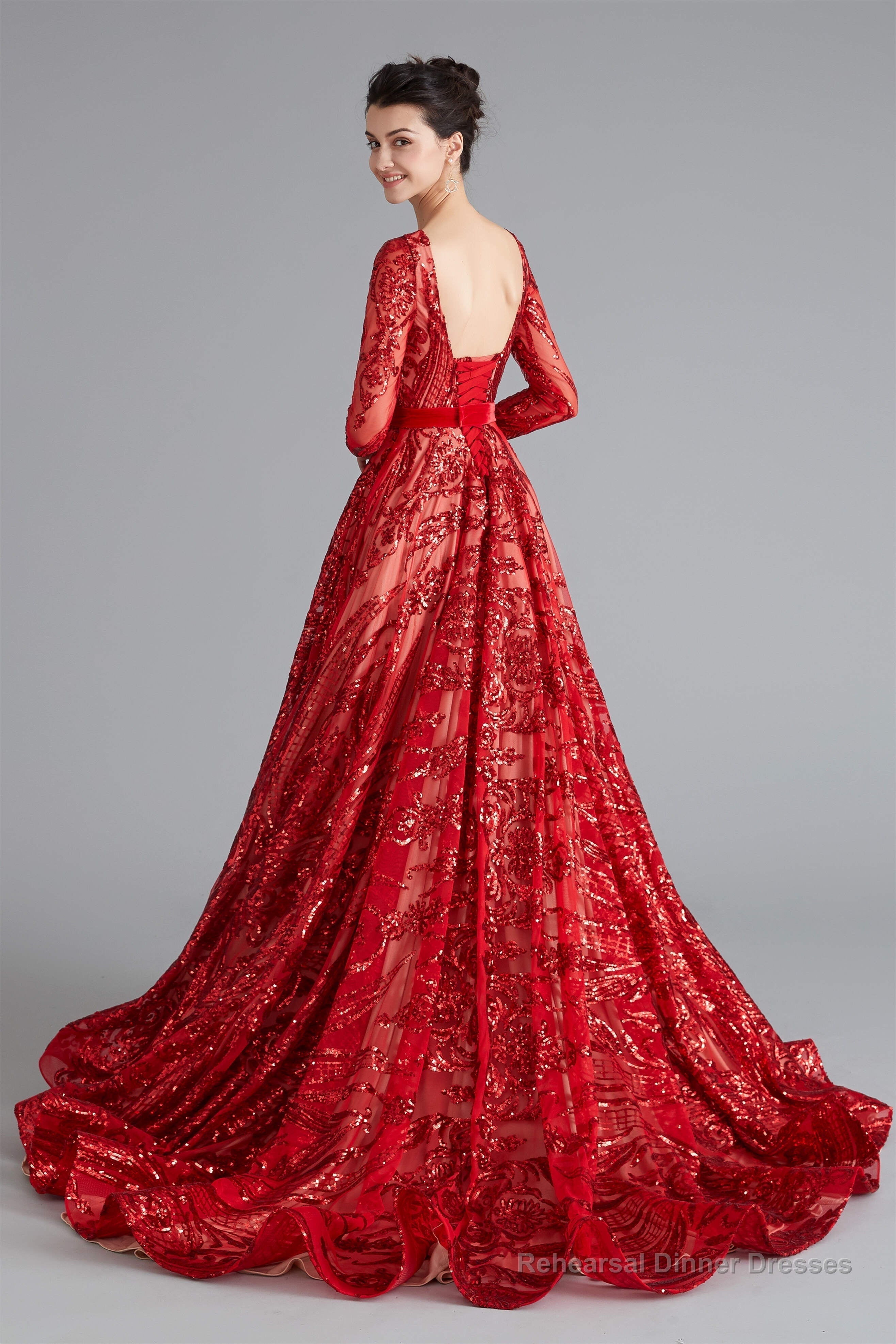 A-Line Luxury Sequins Long Sleeve Backless Prom Dresses