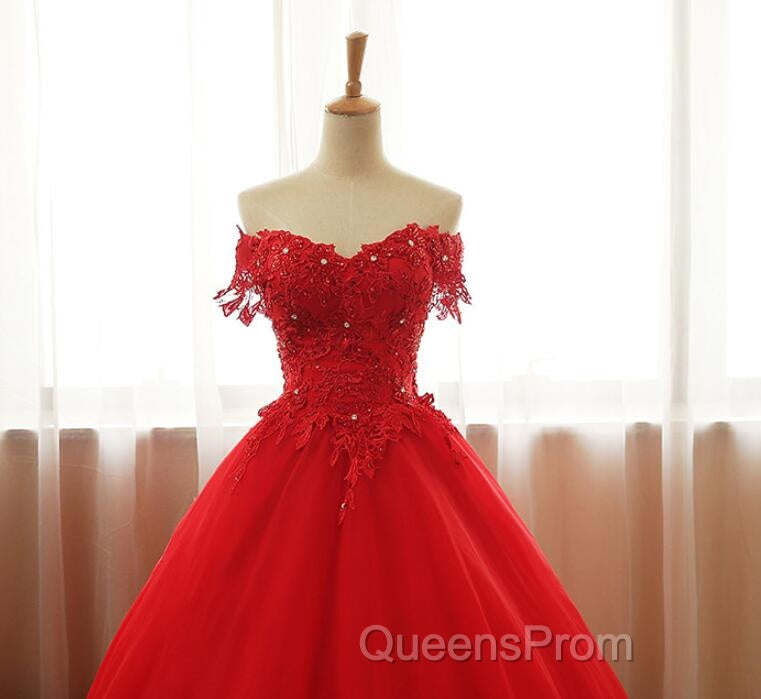 Red Off Shoulder Long Party Dress, A-Line Tulle Evening Dress Formal Gown