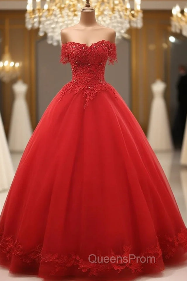 Red Off Shoulder Long Party Dress, A-Line Tulle Evening Dress Formal Gown Main image