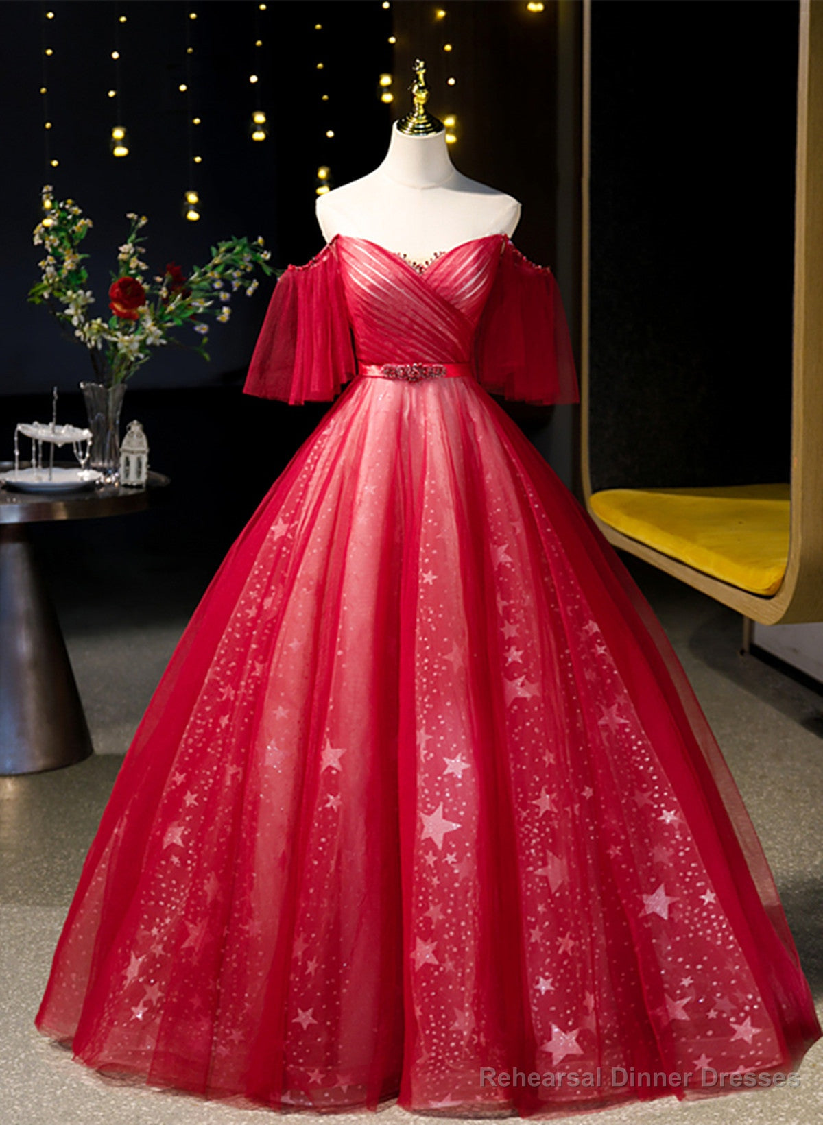 Red Off Shoulder Tulle Sweetheart Party Dress, Red Ball Gown Sweet 16 Dress Secondary image