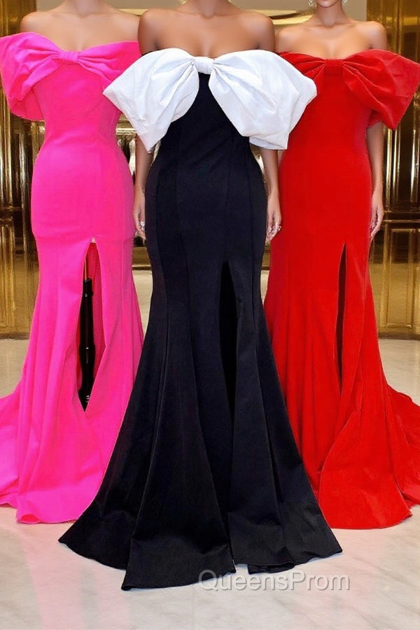 Red Off-the-Shoulder Bow Mermaid Evening Prom Gown with Slit Main image