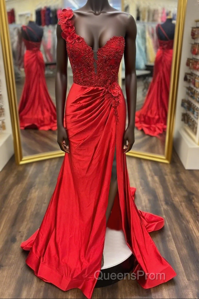 Red One-Shoulder 3D Floral Lace Pleated Long Gown with Slit Main image