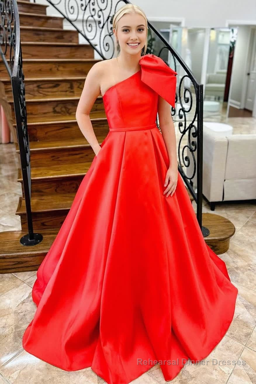 Red One Shoulder Bow Tie Satin Prom Dress with Pockets Main image