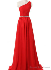 Red One Shoulder Chiffon Pleats Floor Length Prom Dresses