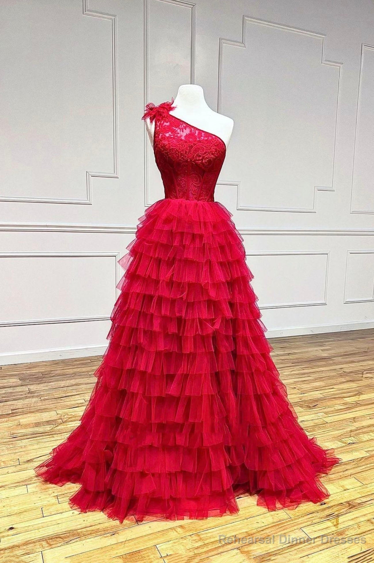 Red One Shoulder Tulle Layers Long Prom Dress with Lace, A-Line Evening Party Dress Main image