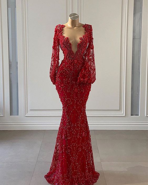 Red Classy Prom Dress Long Classy Prom Dress Long Sleeve Lace Mermaid Classy Evening Gowns Main image