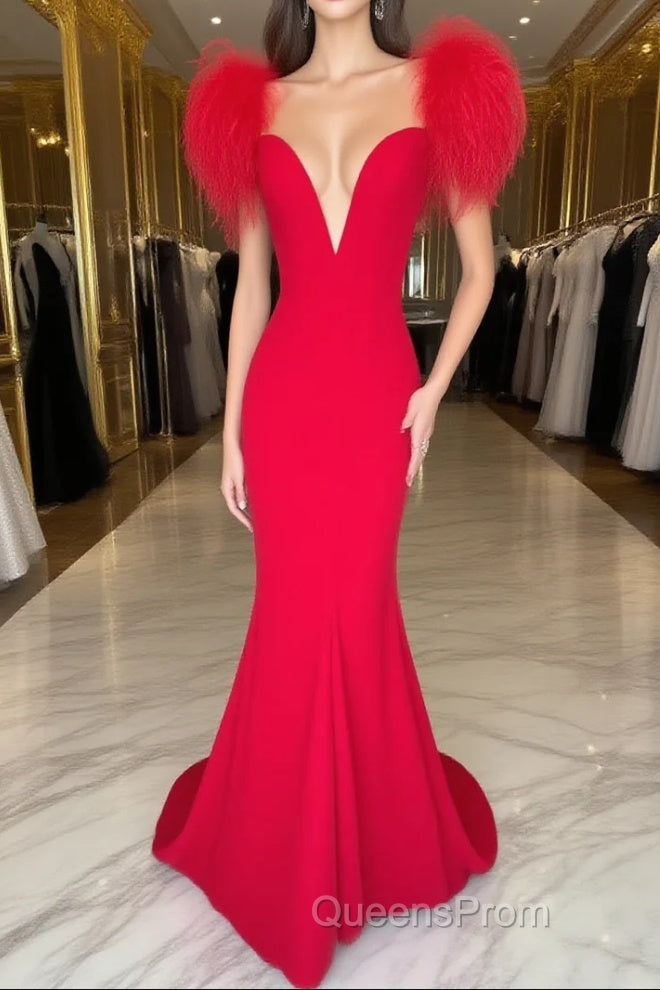 Red Evening Prom Dress Mermaid V Neck Long Party Evening Dress with Feathers Main image
