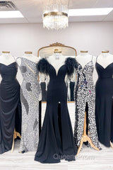 Red Evening Prom Dress Mermaid V Neck Long Party Evening Dress with Feathers