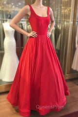 Red Evening Prom Dress, A-line Square Neckline Regular Straps Long/Floor-Length Satin Evening Prom Dress