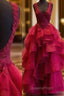 Red Evening Prom Dress, Ball Gown Square Neckline Sleeveless Long/Floor-Length Organza Evening Prom Dress With Ruffles Appliqued Beading