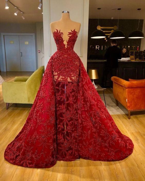 Red Classy Prom Dress Detachable Skirt Beading Sequins Shinning Long Classy Evening Dress Gowns Main image