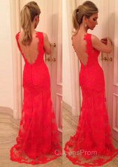 Red Evening Prom Dress, Sheath/Column V Neck Sleeveless Sweep Train Lace Evening Prom Dress With Appliqued