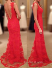 Red Evening Prom Dress, Sheath/Column V Neck Sleeveless Sweep Train Lace Evening Prom Dress With Appliqued