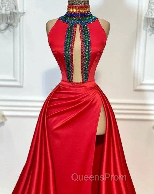 Red Robe De Soiree A-Line High Collar Satin Crystals Slit Sexy Long Evening Prom Dress Evening Prom Gown Evening Dress Secondary image
