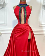 Red Robe De Soiree A-Line High Collar Satin Crystals Slit Sexy Long Evening Prom Dress Evening Prom Gown Evening Dress