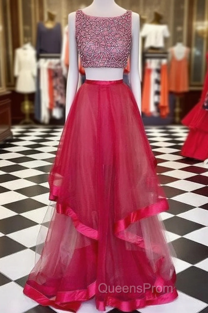 Red Round Neck Sequin Two Pieces Long Evening Prom Dress, Evening Dress Main image