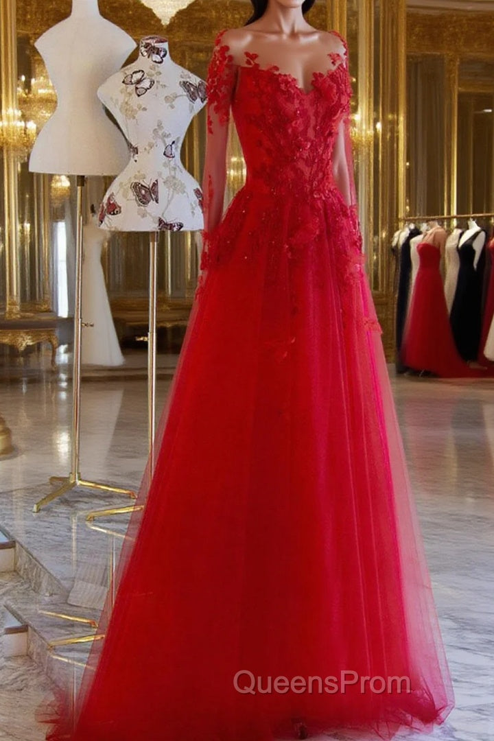 Red round neck tulle lace long Evening Prom Dress, red evening Dress Main image